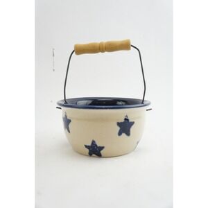 Marshall Pottery Stoneware Crock Bowl Blue Stars Wood Handle Heriberto Rodriguez
